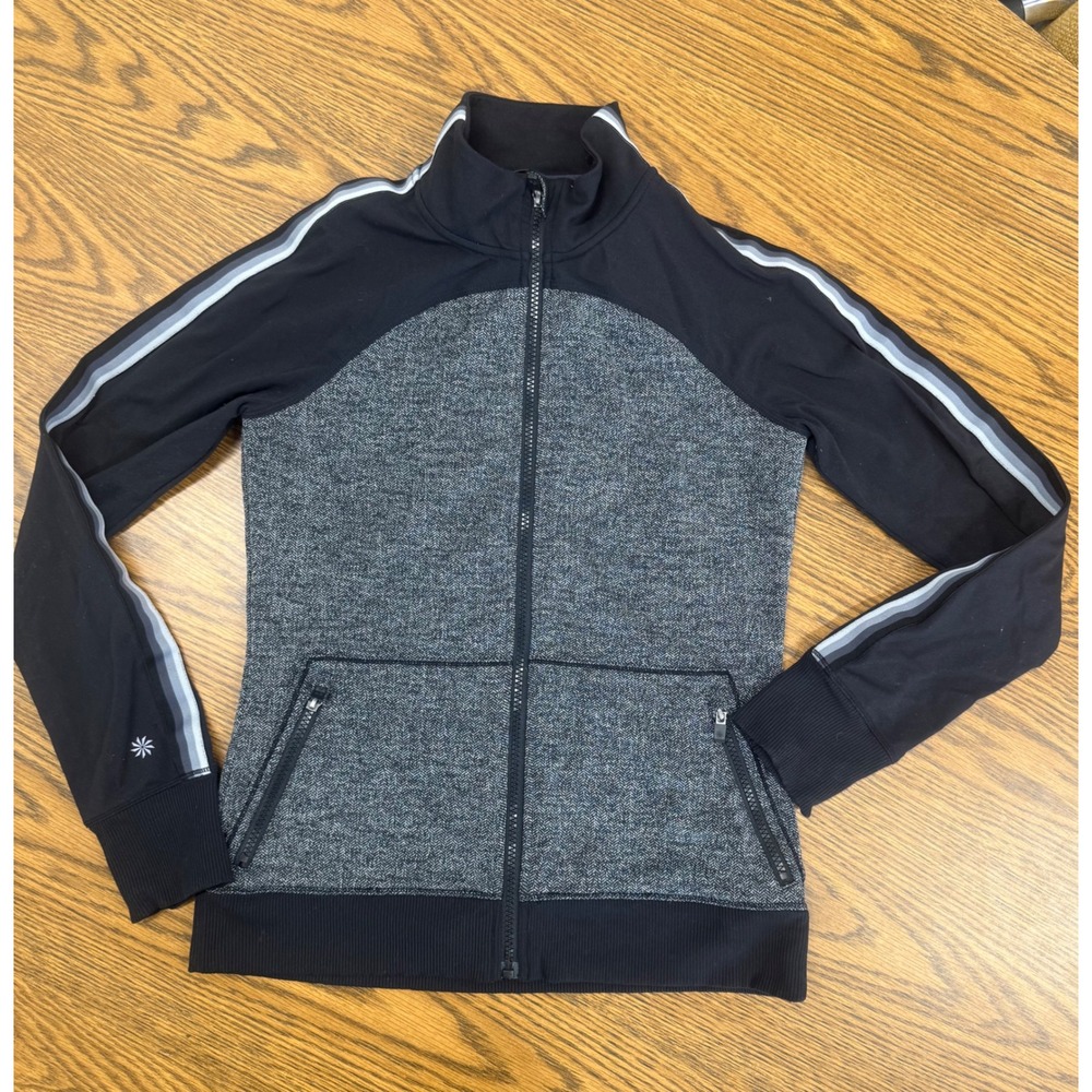 Athleta Girl XL 14 Grey Herringbone Black Zip Up Track Jacket Thumbholes Stripe